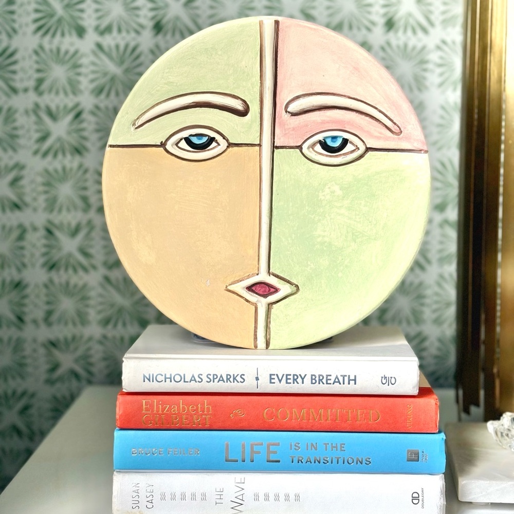 Set of 2 Abstract Face Wall Sculptures – 9.5” Pastel Round Cubist Decor